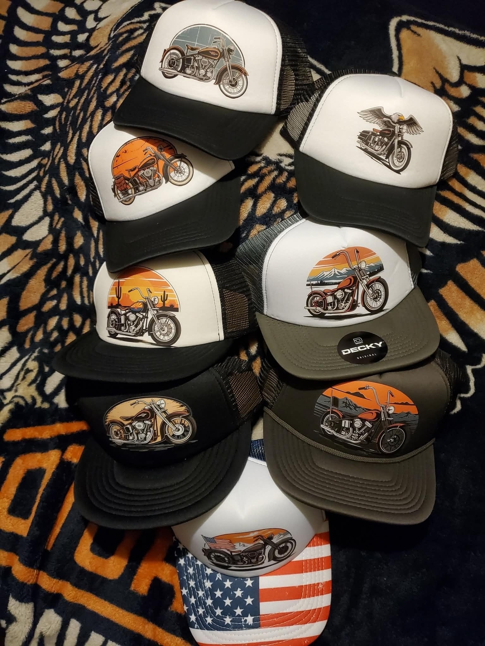 Men’s Trucker Cap with Vintage Motorcycle Patch - Olive/Black/White